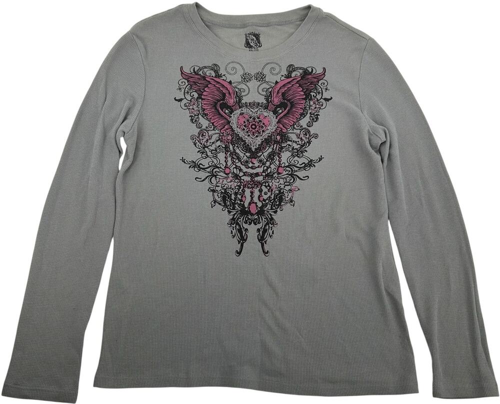 VTG y2k Women's FRZ Heart Angel Wings Thermal Waffle Knit Long Sleeve Shirt XXL